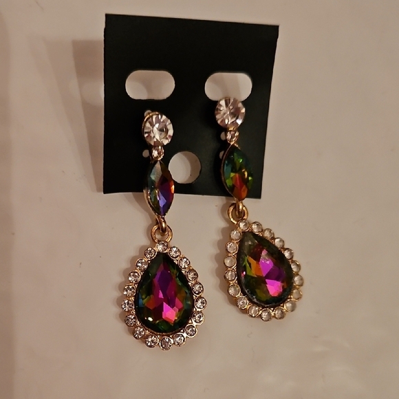 Multicolor Teardrop Earrings Grean, purple pink, Yellow, Gold Backing - Picture 1 of 4